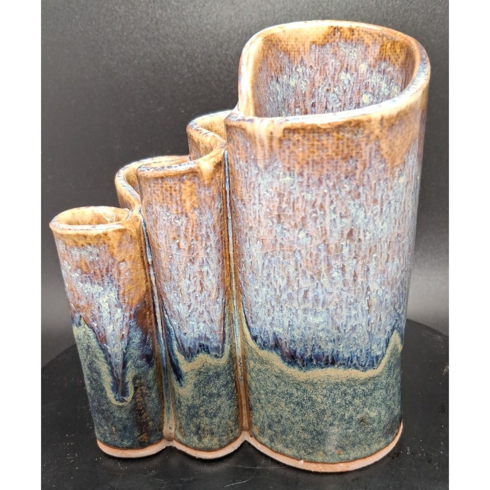 Vintage Signed Studio Art BAY POTTERY Blue Drip Ribbon vase pencil holder